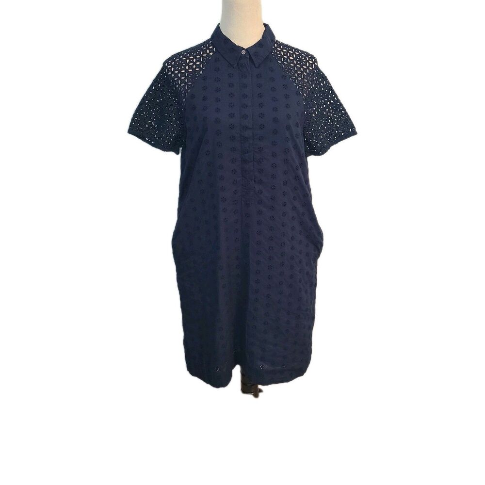 J Crew Navy Blue Eyelet Shirt Lined Dress Pockets SS Sz 8 Nautical Coastal - Picture 2 of 10